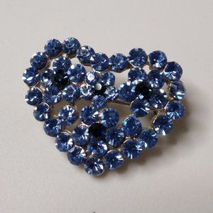 Blue Glass And Metal Heart With Flowers Brooch